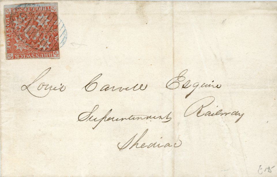 NEW BRUNSWICK NEW BRUNSWICK: 1858 (AP 21) Folded cover to Superintendant Railway Shediac franked 1851-60 3d just touched on 2 sides, part of adjoining stamp at base, tied by blue oval grid, Chatham bs in blue with Richibuoto in black and arrival bss, cover with some creasing.