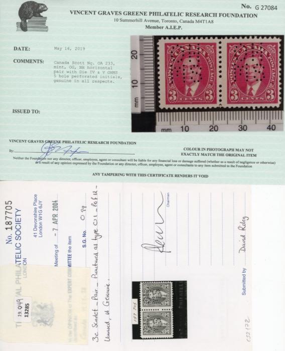 CANADA OFFICIAL CANADA OFFICIAL: 1937-38 3c scarlet, perf type 01 OHMS horizontal pair, fresh unmounted mint og, a rarity in mint condition. Certs RPS (2004) and Vincent Graves Greene (2019) Sg. 099
