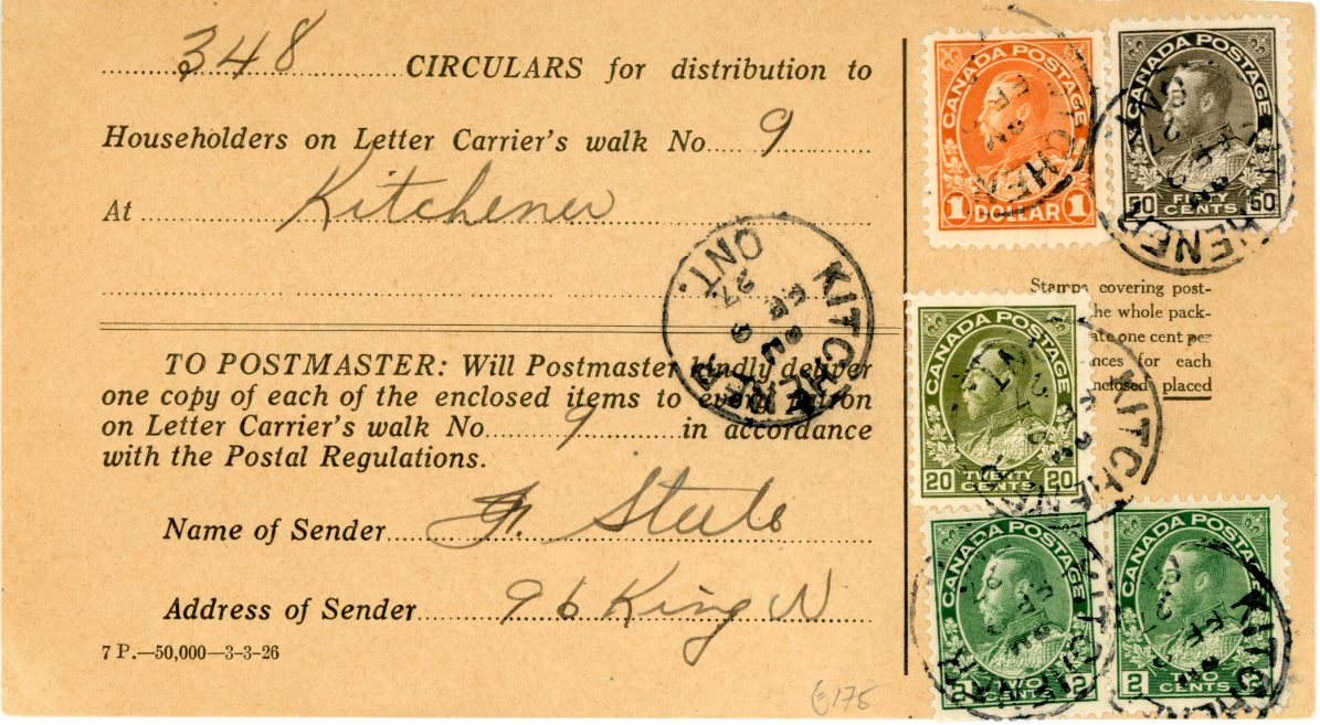 CANADA CANADA: 1927 (Fe9) printed card for 348 circulars for distribution franked 1922-31 2c (2) + $1 + 1911-22 20c + 50c tied by Kitchener Ont. cds, fine and scarce.