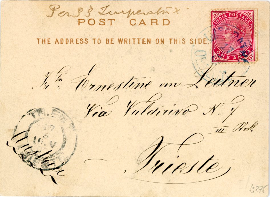INDIA / AUSTRIA INDIA / AUSTRIA: 1902 (26 4) picture postcard of Elphinstone College Bombay sent to Trieste franked India QV 1a tied by IMPERATRIX OE LLOYD cds in blue, with ms endorsement Per SS Imperatrix, rare usage.