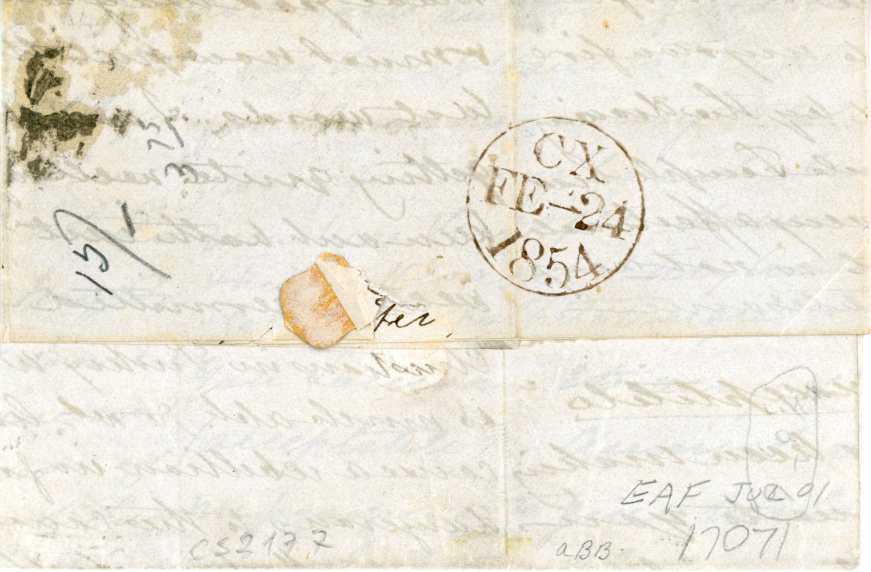 GREAT BRITAIN / MALTA GREAT BRITAIN / MALTA: 1854 (FE24) Folded letter to a Capt. HMS Bellerphore Malta franked imperf 1d + 2d = embossed 1s, all cancelled barred 18, margins just touched in places, endorsed By English Packet Feb 24th via Marseille - under 1/4oz, central vertical filing crease not affecting the neat and very fine franking.