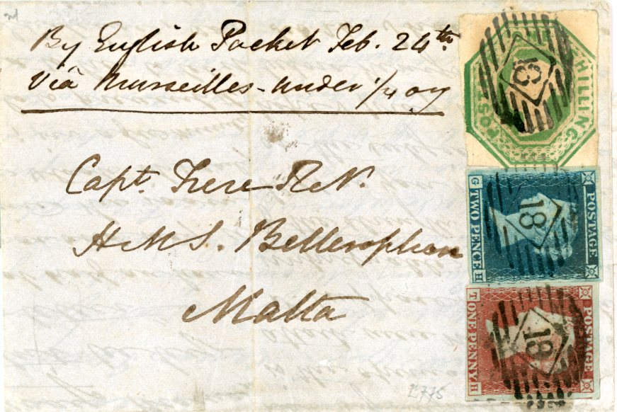 GREAT BRITAIN / MALTA GREAT BRITAIN / MALTA: 1854 (FE24) Folded letter to a Capt. HMS Bellerphore Malta franked imperf 1d + 2d = embossed 1s, all cancelled barred 18, margins just touched in places, endorsed By English Packet Feb 24th via Marseille - under 1/4oz, central vertical filing crease not affecting the neat and very fine franking.