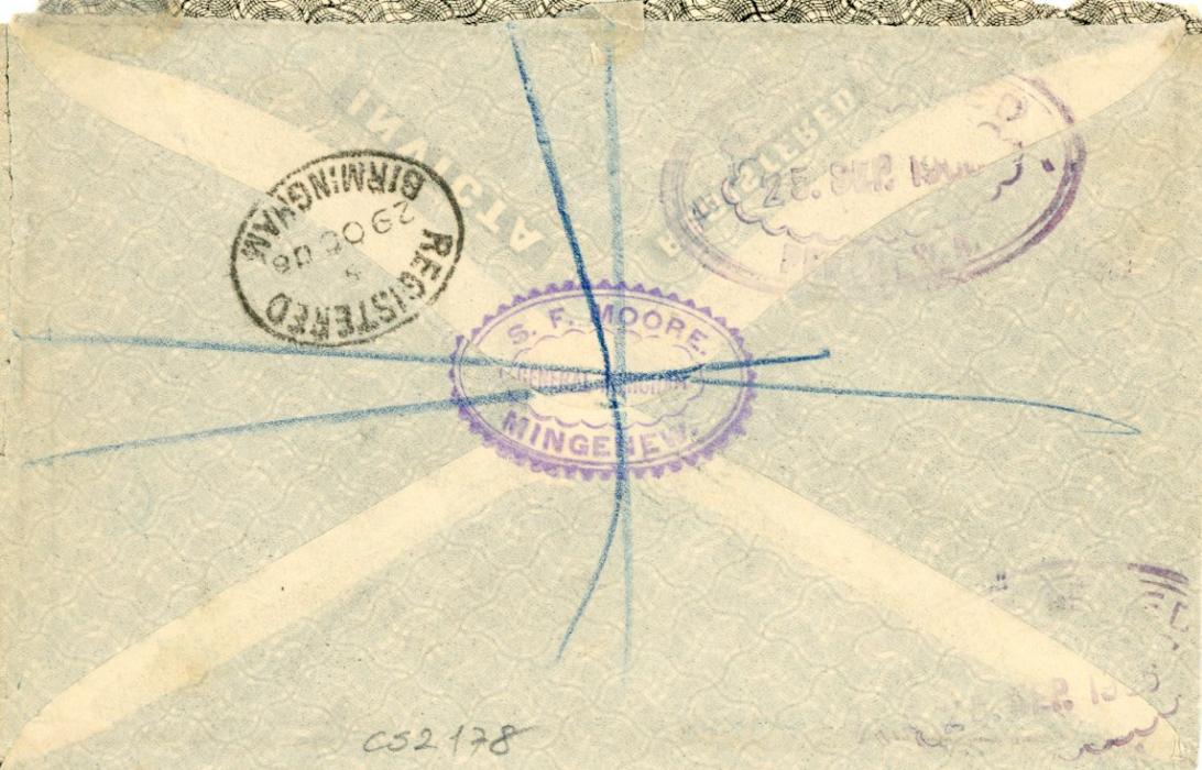 AUSTRALIAN STATES: WESTERN AUSTRALIA AUSTRALIAN STATES: WESTERN AUSTRALIA 1906 (22 Sep) Registered envelope to England franked 9d yellow-orange tied by superb MINGNEW W.A. cds with faint Registered Perth large oval hs (25 Sept) and Birmingham arrival (29 Oct), few minor peripheral faults.