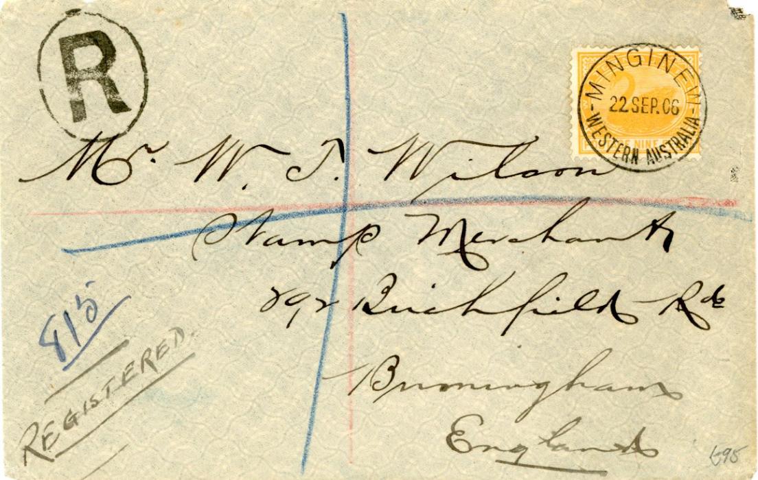 AUSTRALIAN STATES: WESTERN AUSTRALIA AUSTRALIAN STATES: WESTERN AUSTRALIA 1906 (22 Sep) Registered envelope to England franked 9d yellow-orange tied by superb MINGNEW W.A. cds with faint Registered Perth large oval hs (25 Sept) and Birmingham arrival (29 Oct), few minor peripheral faults.