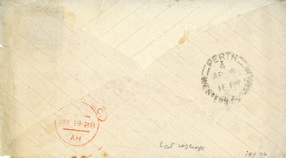 AUSTRALIAN STATES: WESTERN AUSTRALIA AUSTRALIAN STATES: WESTERN AUSTRALIA 1888 (ca Ap 4) envelope to England franked 1884 6d lilac with indistinct barred cancel, faint GINGIN (W.A.) cds bottom left with part date inserted by hand, Perth Ap 4 transit and London May 14 arrival, missing blackflap, some peripheral cover faults.
