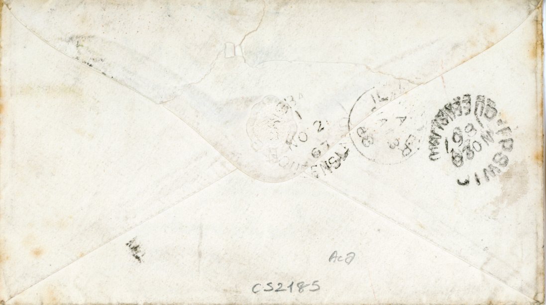 AUSTRALIAN STATES: QUEENSLAND AUSTRALIAN STATES: QUEENSLAND 1867 (No 20) envelope to England franked 1866-67 4d grey-lilac 2nd transfer and 1863-67 6d green tied by fine 87 starburst cancel, Ipswich dispatch, Brisbane transit and Ilminster arrival bss, some slight peripheral toning.