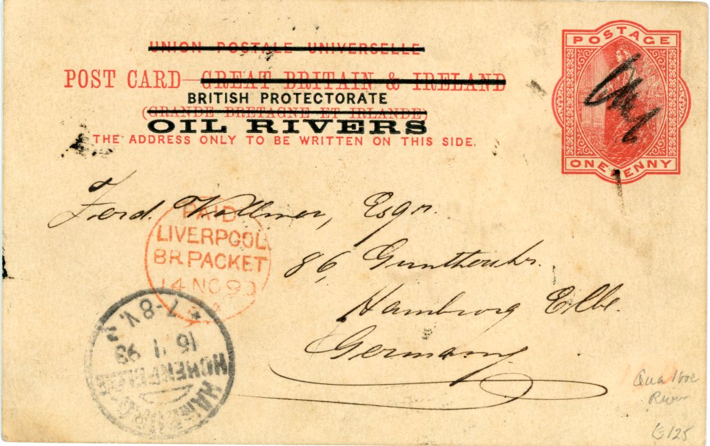 NIGERIA NIGERIA: 1893 (7/10) GB 1d postal stationery card ovpt. BRITISH PROTECTORATE/OIL RIVERS with illegible manuscript cancel sent from 