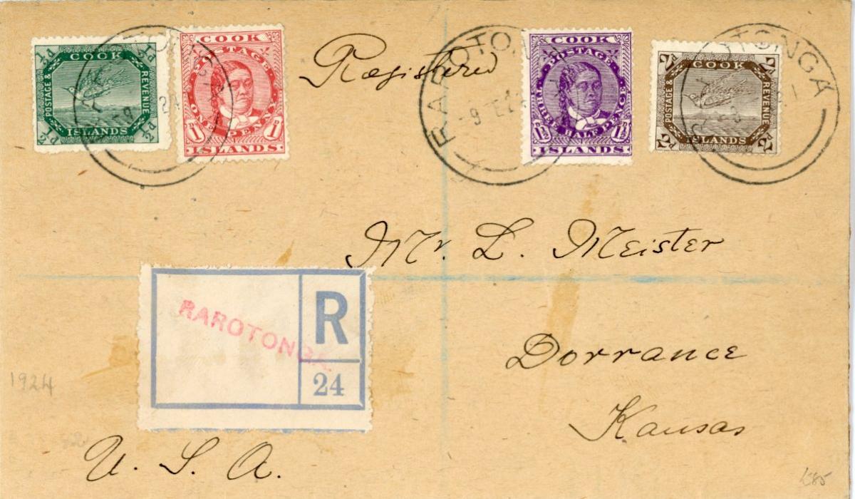 COOK ISLANDS COOK ISLANDS: 1924 (9Fe) Registered envelope to USA franked Queen Makea 1d red + 1 1/2d mauve + Tern 1/2d + 2d tied by Rarotonga cds with black reg. label hs RAROTONGA in pink, Dorrance Kans. arrival bs (Mar 28)