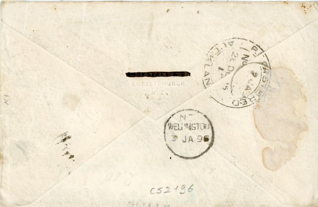 COOK ISLANDS COOK ISLANDS: 1895 (19/12) Registered envelope to New Zealand franked Queen Makea 1d + 1 1/2d + 2 1/2d + (corner defect) + 5d + 10d all tied Rarotonga cdss with boxed registered Cook Islands/Rarotonga in violet, redirected on arrival with Auckland and Wellngton arrival bss, some gum staining around perfs.