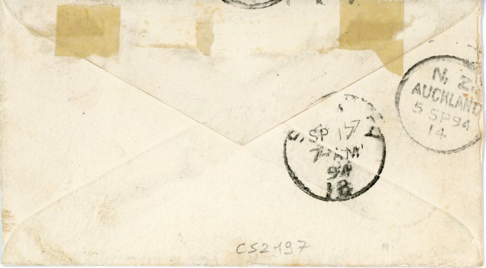TONGA TONGA: 1894 (31 AU) small envelope to Australia franked 1893 1/2d on 1d (carmine ovpt.), 1/2d on 1d black ovpt. + 1894 SURCHARGED HALF-PENNY on 1s (3), all tied by NUKUALOFA cds, reverse with Auckland 5 SP transit and Sydney SP 17 arrival, some gum staining on the perfs, lovely mixed issue franking (Sg. 15,19,22)