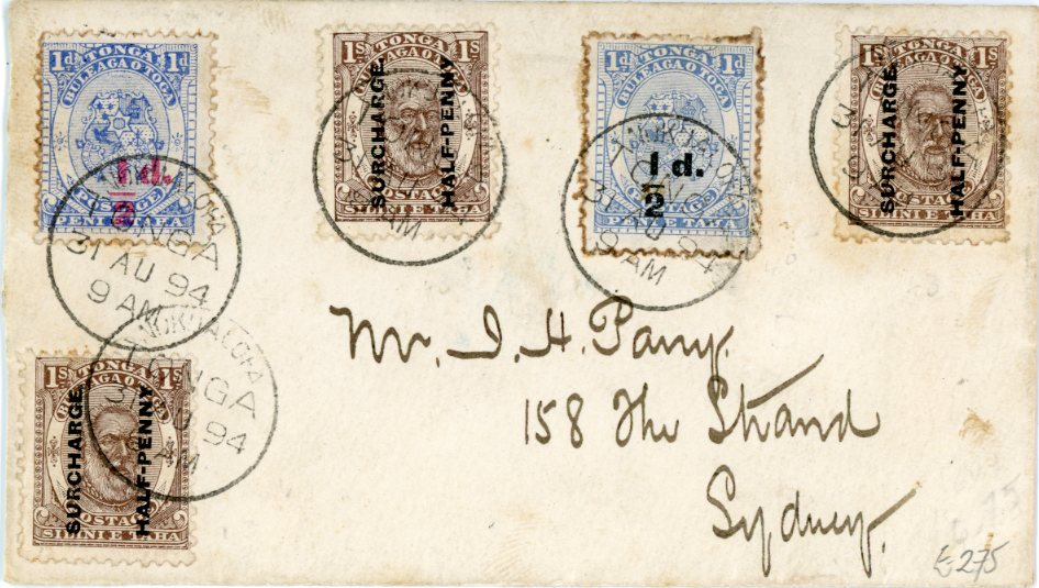 TONGA TONGA: 1894 (31 AU) small envelope to Australia franked 1893 1/2d on 1d (carmine ovpt.), 1/2d on 1d black ovpt. + 1894 SURCHARGED HALF-PENNY on 1s (3), all tied by NUKUALOFA cds, reverse with Auckland 5 SP transit and Sydney SP 17 arrival, some gum staining on the perfs, lovely mixed issue franking (Sg. 15,19,22)