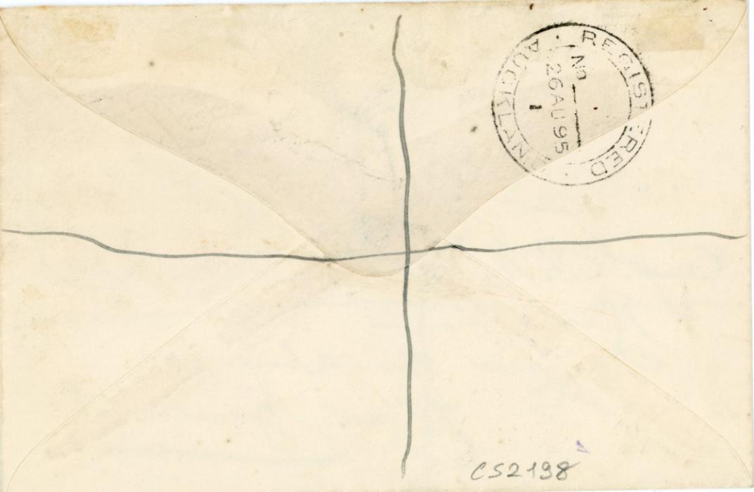 TONGA TONGA: 1895 (7 AU) registered cover addressed to New Zealand franked 1895 surch on 2 1/2d vermilion, 1/2d pair + 1d pair + 7 1/2d tied by Nukualofa cds, scarce oval Registered at Tonga hs in violet alongside, Auckland 26 AU arrival bs, very fine.