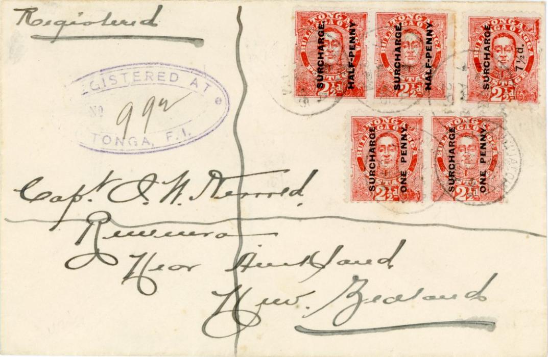 TONGA TONGA: 1895 (7 AU) registered cover addressed to New Zealand franked 1895 surch on 2 1/2d vermilion, 1/2d pair + 1d pair + 7 1/2d tied by Nukualofa cds, scarce oval Registered at Tonga hs in violet alongside, Auckland 26 AU arrival bs, very fine.