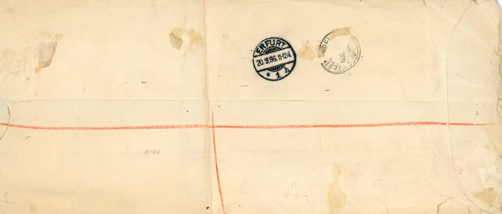 AUSTRALIAN STATES: SOUTH AUSTRALIA AUSTRALIAN STATES: SOUTH AUSTRALIA 1896 (AU 18) pre-printed on PUBLIC SERVICE ONLY Botanic Garden, Adelaide, South Australia long registered envelope to Germany franked Officials Type O2 1891-96 1d + 2d + 2s, 1/2d pair with misplaced O.S.,+ 1894 2 1/2d on 4d + 5d on 6d all cancelled Bundle St. S.A. squared circle, Erfurt arrival bs, German registration label alongside. Envelope with peripheral faults and folded in half. Nevertheless, a spectacular combination franking.