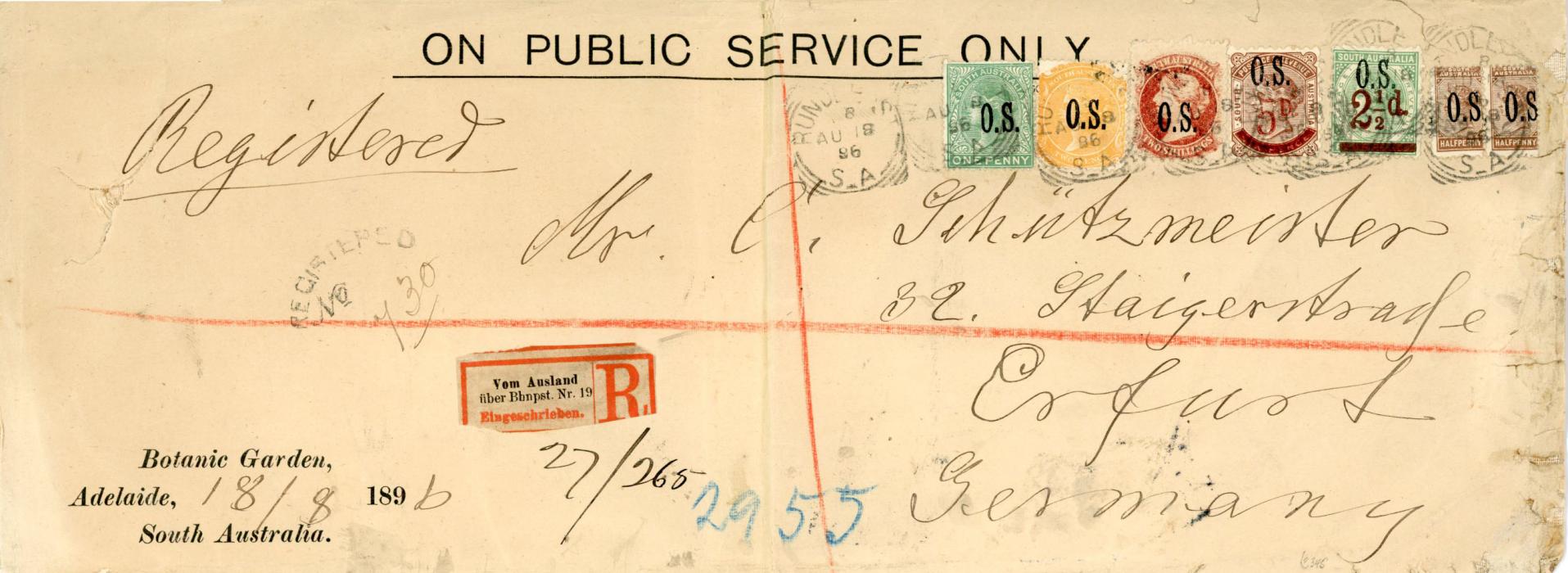 AUSTRALIAN STATES: SOUTH AUSTRALIA AUSTRALIAN STATES: SOUTH AUSTRALIA 1896 (AU 18) pre-printed on PUBLIC SERVICE ONLY Botanic Garden, Adelaide, South Australia long registered envelope to Germany franked Officials Type O2 1891-96 1d + 2d + 2s, 1/2d pair with misplaced O.S.,+ 1894 2 1/2d on 4d + 5d on 6d all cancelled Bundle St. S.A. squared circle, Erfurt arrival bs, German registration label alongside. Envelope with peripheral faults and folded in half. Nevertheless, a spectacular combination franking.