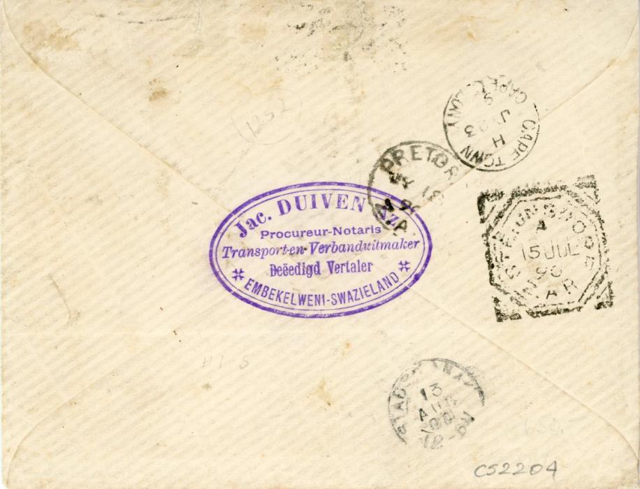 SWAZILAND SWAZILAND: 1890 (14 JY) envelope to Holland franked 1889-92 1/2d + 1d + 2d + 6d + 1s all tied by 718 barred cancel with EMBEKELWENI cds in association (SG1,3,4,5,6) with Pretoria (JU 18), Capetown (JU 23) and Stadskanaal arrival (13 AU) bss, philatelically inspired (Duiven correspondence, very slightly toned, spectacular 5 colour franking RPS Cert. 1994