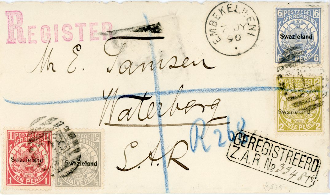 SWAZILAND SWAZILAND: 1890 (7 JY) Registered envelope from EMBEKELWENI to Waterberg Z.A.R No.... alongside, bs squared circle STEIJNSDORP (8 JU) ds, some minor peripheral issues o/w very fine & fresh, philatelically inspired (Tamsen correspondence).
