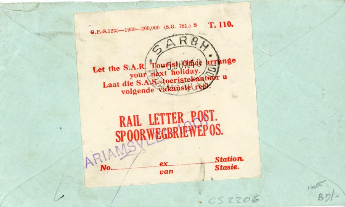 SOUTH WEST AFRICA SOUTH WEST AFRICA: 1940 (5 JUN) envelope to the Cape franked 1931 1d indigo and scarlet tied oval S A R 8 H ARIAMS VLEI TPO oval ds with ZUIDER-PAARL arrival (7 VI) alongside, partly legible .... & H. PARCELS * AARI 018 oval ds below, Rail Letter Post bi-lingual etiquette on reverse with same cancel, scarce.