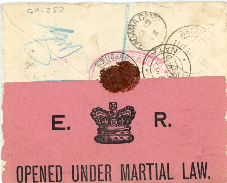 TRANSVAAL / CEYLON / BOER WAR TRANSVAAL / CEYLON / BOER WAR: 1902 (11 Feb) registered cover to Ceylon addressed to POW, DIYATALANA Camp, redirected to Ragama Camp, franked 1d + 4d tied by Krugersdorp cds with LR crowned Open Under Martial Law censor strip stuck down with waxed seals, various bss incl. Krugersdorp, Johannesburg and Ragama Camp (MR 15). Also on arrival violet oval Passed Censor P.O.W. DIYATALAWA.