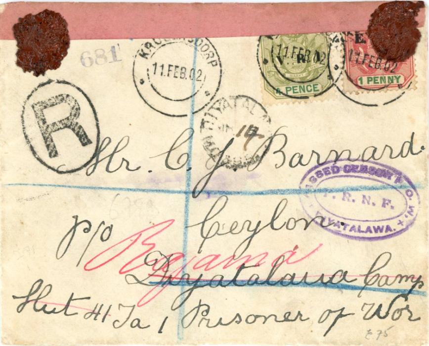 TRANSVAAL / CEYLON / BOER WAR TRANSVAAL / CEYLON / BOER WAR: 1902 (11 Feb) registered cover to Ceylon addressed to POW, DIYATALANA Camp, redirected to Ragama Camp, franked 1d + 4d tied by Krugersdorp cds with LR crowned Open Under Martial Law censor strip stuck down with waxed seals, various bss incl. Krugersdorp, Johannesburg and Ragama Camp (MR 15). Also on arrival violet oval Passed Censor P.O.W. DIYATALAWA.