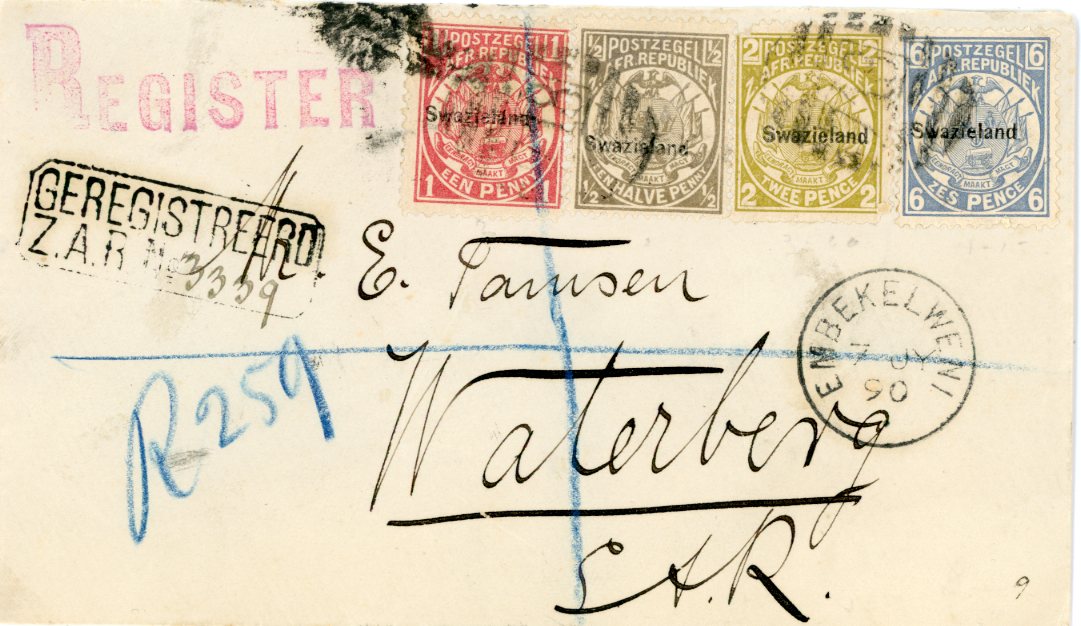 SWAZILAND SWAZILAND: 1890 (7 JY) registered philatelic envelope to Waterberg S.A.R., ex Tamsen correspondence franked 1889-90 1/2d + 1d + 2d + 6d (latter 2 with small faults), tied by barred cancels with EMBEKELWENI cds alongside, 3 registration marks incl. boxed GEREGISTREED / Z.A.R. No 3339, very fine appearance.