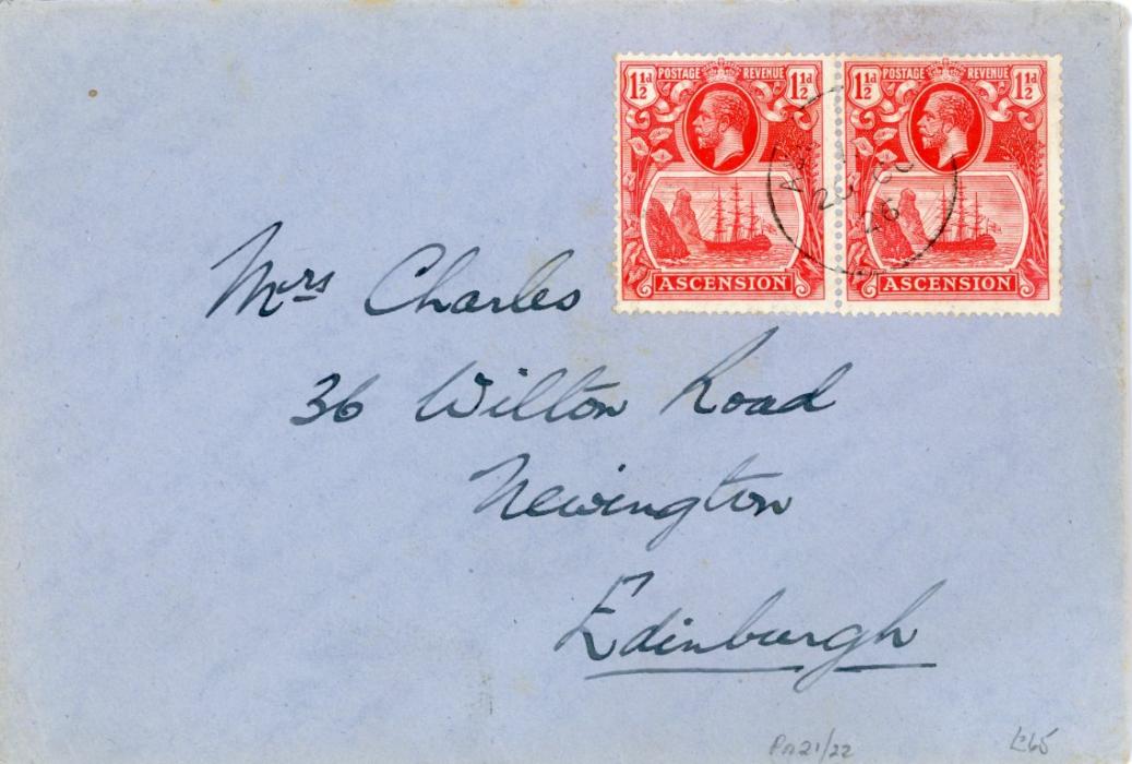 ASCENSION ASCENSION: 1926 (20 OC) Envelope to Scotland franked 1924-33 1 1/2d rose-res pair (pos. 21/22) tied by Ascension cds, fine.