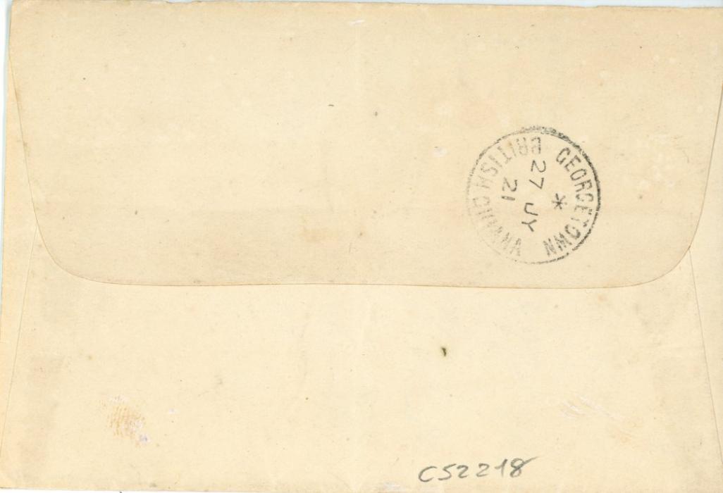 BRITISH GUIANA / BARBADOS BRITISH GUIANA / BARBADOS: 1921 (JY 27) Incoming underpaid envelope with Georgetown/BG arrival bs, struck on front by circular T tax mark with rare linear