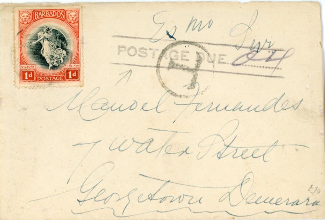 BRITISH GUIANA / BARBADOS BRITISH GUIANA / BARBADOS: 1921 (JY 27) Incoming underpaid envelope with Georgetown/BG arrival bs, struck on front by circular T tax mark with rare linear