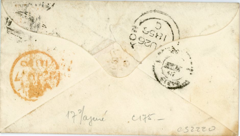 GREAT BRITAIN GREAT BRITAIN: 1856 4d carmine glazed paper tied to 1856 (JU26) envelope by barred 5 cancel on envelope to France with 27 JU TPO alongside, Paris arrival (Sg. 63)