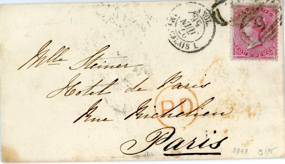 GREAT BRITAIN GREAT BRITAIN: 1856 4d carmine glazed paper tied to 1856 (JU26) envelope by barred 5 cancel on envelope to France with 27 JU TPO alongside, Paris arrival (Sg. 63)