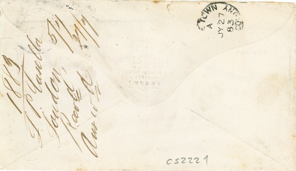 GREAT BRITAIN GREAT BRITAIN: 1883 (JY 5) Envelope to Cape of Good Hope franked 1880 1 1/2d Venetian-red (4) + 1d lilac all tied London/WC18 duplex cancels with Capetown arrival bs (JY 27), company embossing on flap, very scarce franking.