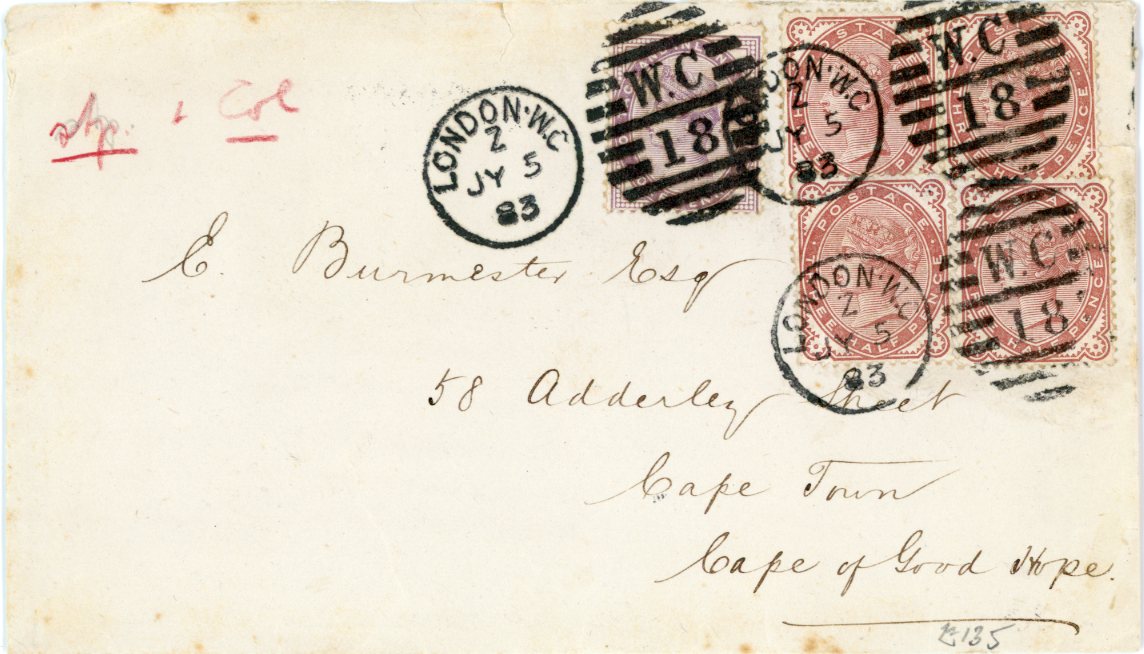 GREAT BRITAIN GREAT BRITAIN: 1883 (JY 5) Envelope to Cape of Good Hope franked 1880 1 1/2d Venetian-red (4) + 1d lilac all tied London/WC18 duplex cancels with Capetown arrival bs (JY 27), company embossing on flap, very scarce franking.