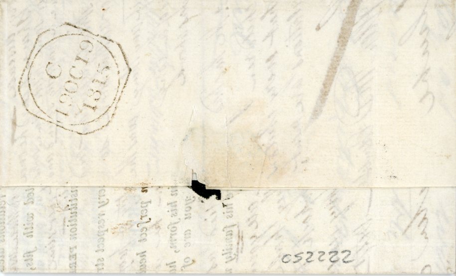 IRELAND IRELAND: 1815 (19 OC) Printed questionnaire about the medical condition of a family member to Dublin hs on front PANDERAGEE / 65 in red and Crown in black, missing part of 1 side panel, o/w fine.