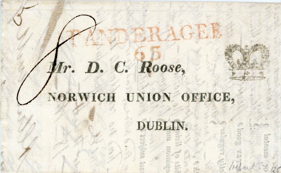 IRELAND IRELAND: 1815 (19 OC) Printed questionnaire about the medical condition of a family member to Dublin hs on front PANDERAGEE / 65 in red and Crown in black, missing part of 1 side panel, o/w fine.