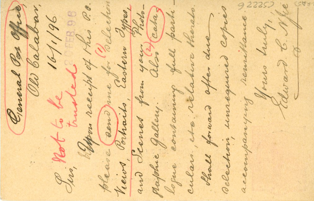 NIGERIA NIGERIA: 1896 (JA 16) GB 1d red stationery card ovpt. NIGER COAST PROTECTORATE cancelled CAABAR RIVER cds in red Type 1 code A, further strike below, addressed to London, commercial usage requesting photos. Transit PAID/LIVERPOOL/BR.PACKET 19 Feb cds alongside, fine and very scarce.