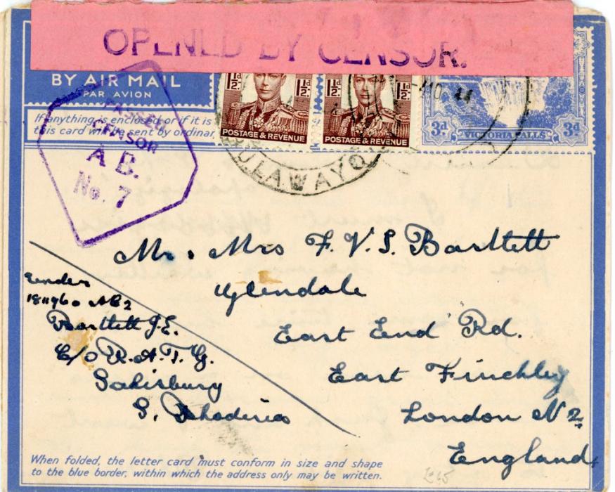 RHODESIA RHODESIA: 1944 (3 Oct) 3d Victoria Falls Aerogramme uprated 1 1/2d brown (2) tied by Bulawayo cds, with violet Open by Censor pink strip and diamond Passed/Censor?AB No 7 violet hs, fine.