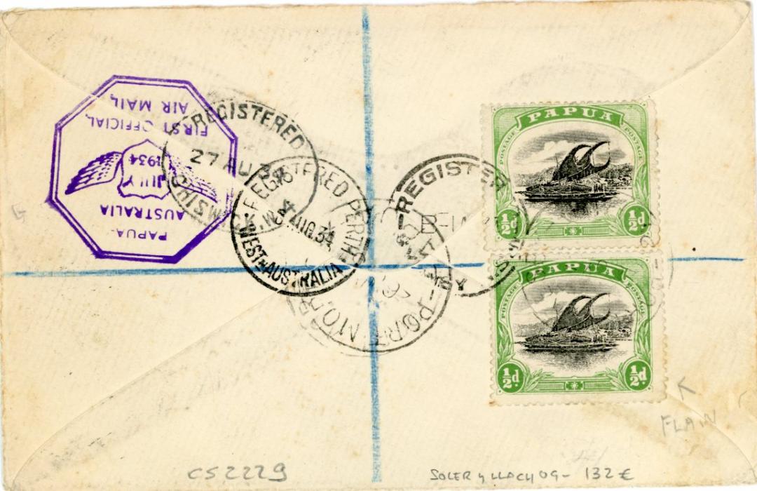 PAPUA PAPUA: 1934 (13 JY) registered envelope to England franked 1907-10 4d black and sepia (3 shades) + 6d + 1s all cancelled Port Moresby Papua, ms endorsement Australia Services/Karachi London, additionally franked 1/2d pair on reverse, with Sydney & Perth transits and Chiswick arrival (27 AU), also octagonal Papua/Australia/First Official/Air Mail violet cachet.
