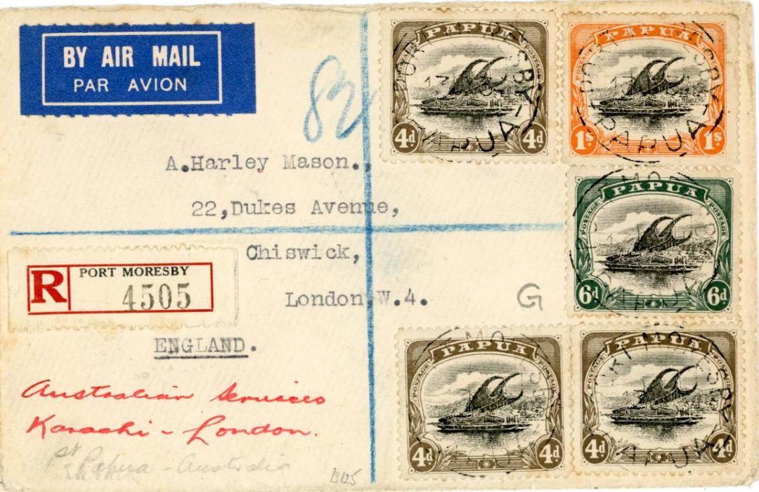 PAPUA PAPUA: 1934 (13 JY) registered envelope to England franked 1907-10 4d black and sepia (3 shades) + 6d + 1s all cancelled Port Moresby Papua, ms endorsement Australia Services/Karachi London, additionally franked 1/2d pair on reverse, with Sydney & Perth transits and Chiswick arrival (27 AU), also octagonal Papua/Australia/First Official/Air Mail violet cachet.