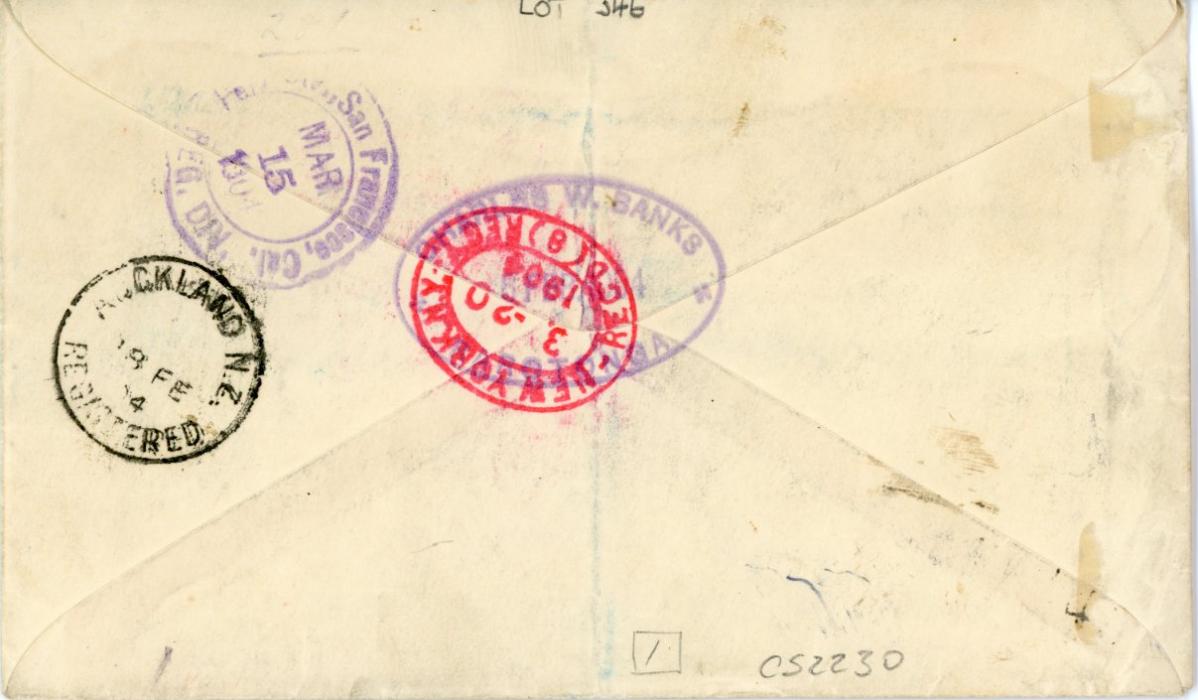 COOK ISLANDS COOK ISLANDS: 1904 (3 FE) registered envelope to USA franked 1892 1 1/2d mauve + 1893-1900 1d blue + 1d deep brown + 1 1/2d deep lilac, 2d brown + 1902 1d rose all tied Cook Islands cds with Cook Is. Rarotonga boxed reg. cachet in blue, on reverse Charles W. Banks Rarotonga violet company cachet, Auckland (18 2), San Francisco (15 3) and New York (20 3) bss, some adhesives with perf. gum stains.