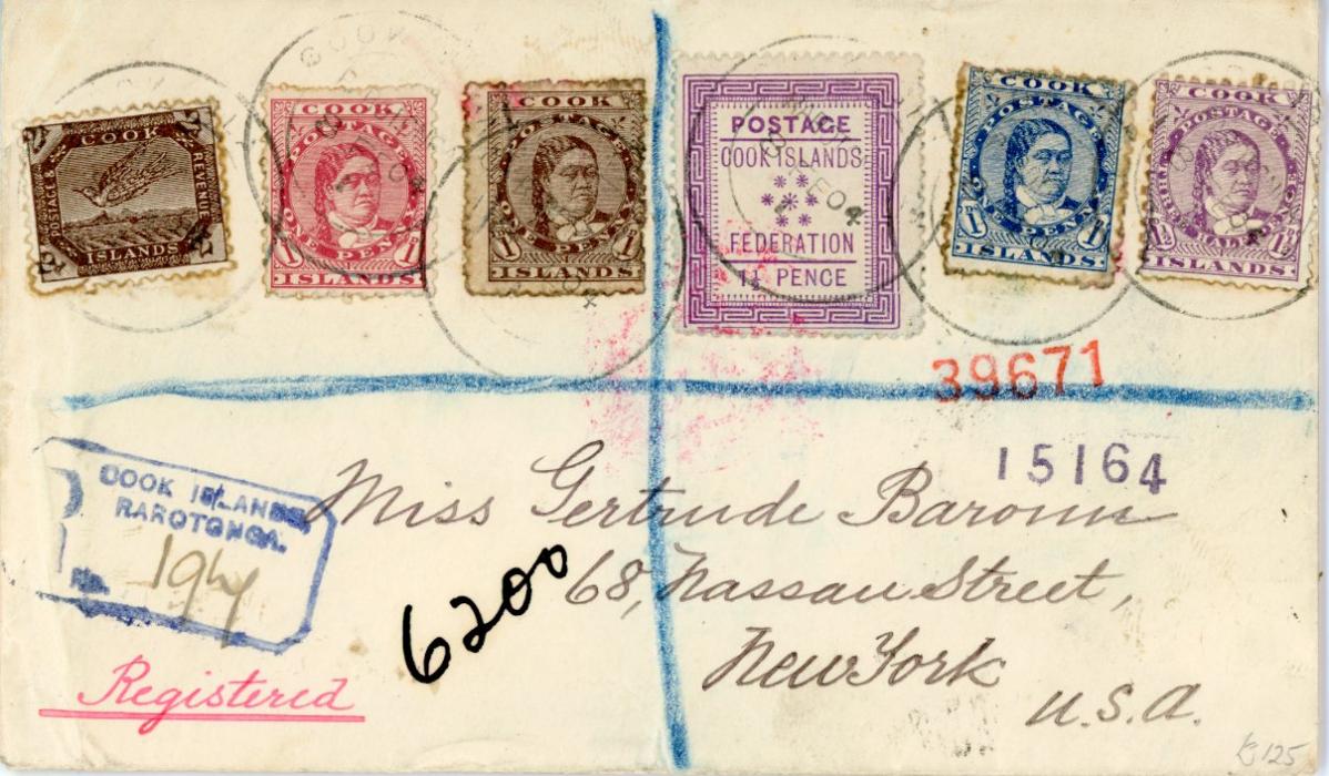 COOK ISLANDS COOK ISLANDS: 1904 (3 FE) registered envelope to USA franked 1892 1 1/2d mauve + 1893-1900 1d blue + 1d deep brown + 1 1/2d deep lilac, 2d brown + 1902 1d rose all tied Cook Islands cds with Cook Is. Rarotonga boxed reg. cachet in blue, on reverse Charles W. Banks Rarotonga violet company cachet, Auckland (18 2), San Francisco (15 3) and New York (20 3) bss, some adhesives with perf. gum stains.