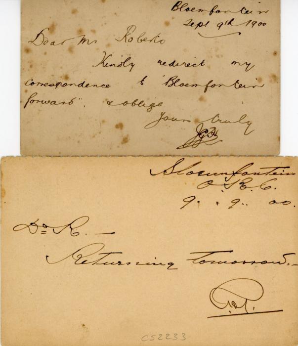 SOUTH AFRICA SOUTH AFRICA: Orange Free State/Boer War 1900 (SP 9) two postal stationery cards addressed to Rhodesia, V.R.I. 1/2d surch. on 1/2d green reply card and 12d red card, both with Bulawayo SP 17 arrival, both cancelled ARMY P.O. S. AFRICA (22nd Brigade SAFF at Winburg), few minor stains, o/w fine pair.