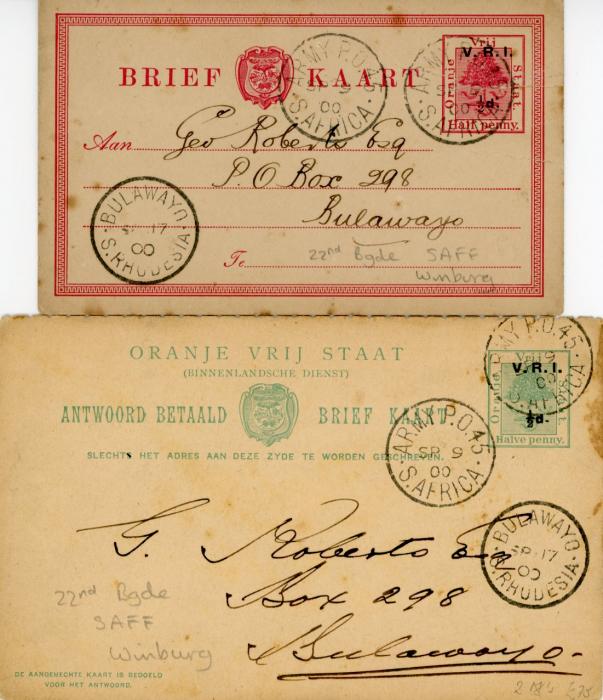 SOUTH AFRICA SOUTH AFRICA: Orange Free State/Boer War 1900 (SP 9) two postal stationery cards addressed to Rhodesia, V.R.I. 1/2d surch. on 1/2d green reply card and 12d red card, both with Bulawayo SP 17 arrival, both cancelled ARMY P.O. S. AFRICA (22nd Brigade SAFF at Winburg), few minor stains, o/w fine pair.