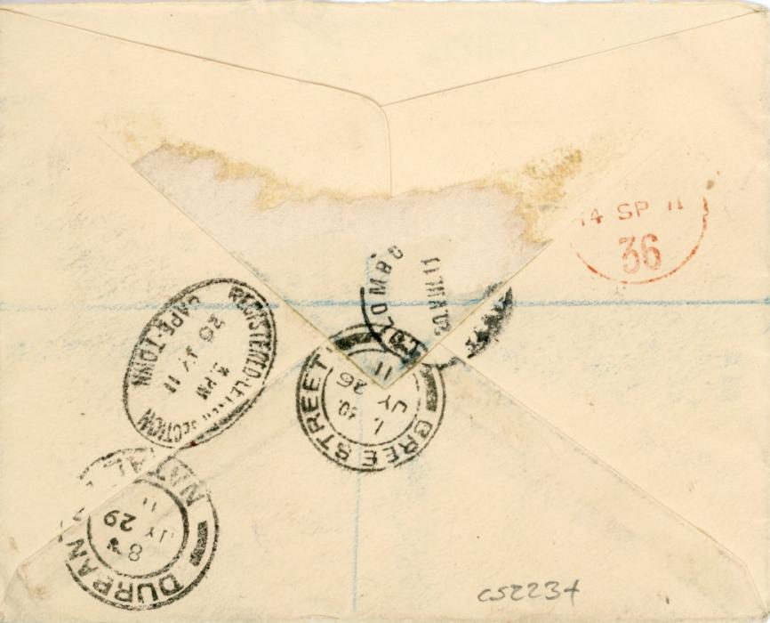SOUTH AFRICA SOUTH AFRICA: Orange Free State 1911 (JY 26) Envelope registered to SURINAM franked Orange River Colony 1903-04 3d mauve + 6d scarlet and red tied by Bree Street cds, routed via Durban, Capetown (20 JY), Durban (JY 29), Colombo (20 VIII), part of backflap missing, rare destination.