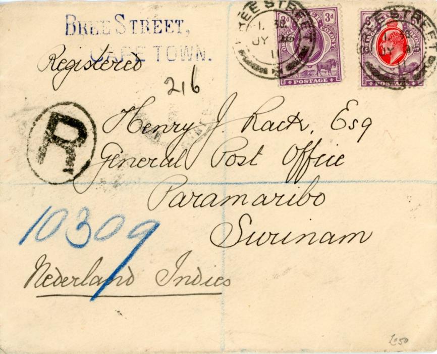 SOUTH AFRICA SOUTH AFRICA: Orange Free State 1911 (JY 26) Envelope registered to SURINAM franked Orange River Colony 1903-04 3d mauve + 6d scarlet and red tied by Bree Street cds, routed via Durban, Capetown (20 JY), Durban (JY 29), Colombo (20 VIII), part of backflap missing, rare destination.