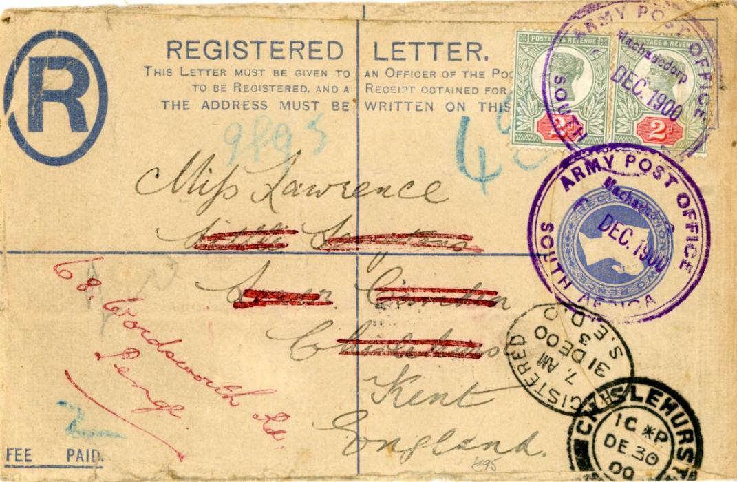 SOUTH AFRICA SOUTH AFRICA: ORANGE FREE STATE / BOER WAR 1900 (DE 6) GB 2d blue registration stationery envelope uprated GB Jubilee 2d (2) tied by large circular Army Post Office South Africa MACHADEDORP in violet, sent to England where redirected, arriving London 29 12, some peripheral faults.