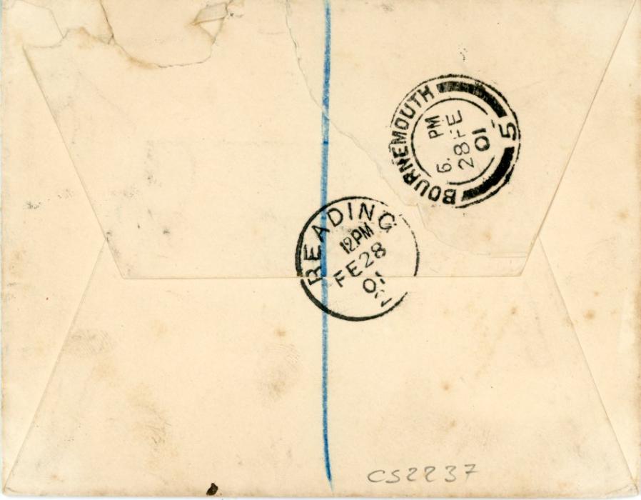 GREAT BRITAIN GREAT BRITAIN: 1901 (FE 28) EXPRESS envelope to Bournemouth franked 1d lilac (corner fault) + Jubilee 1d pair tied by Twyford squared circle dss with magenta M – No. 55. / POST OFFICE / EXPRESS label alongside, with Reading transit & arrival bss, trifle soiled, still an attractive franking.