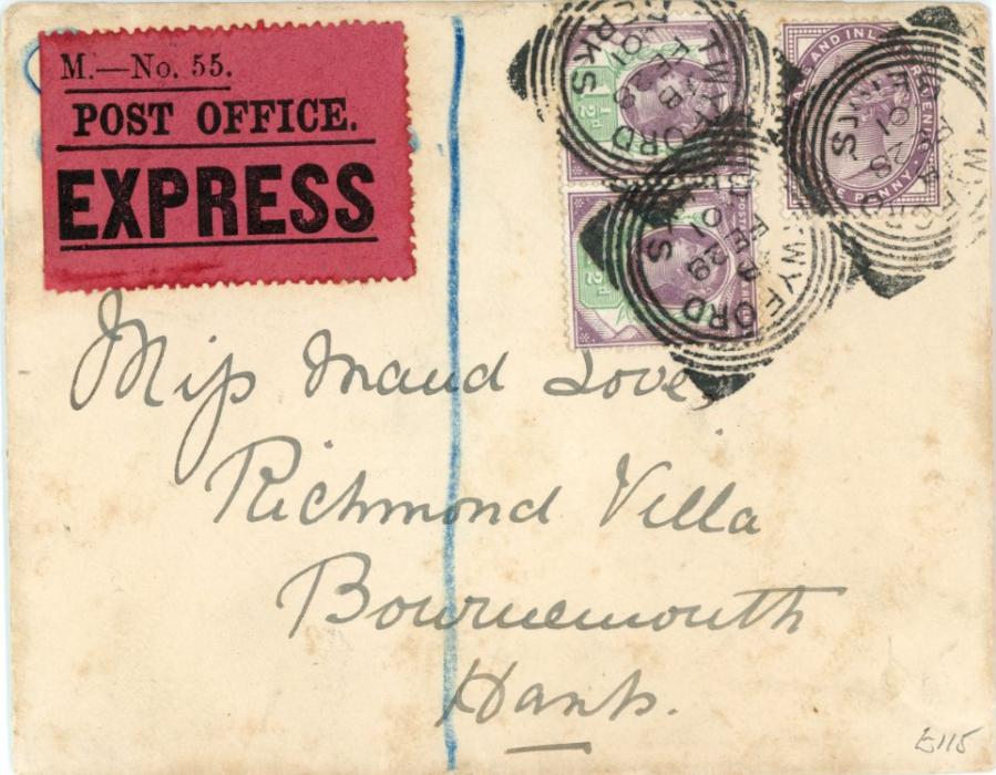 GREAT BRITAIN GREAT BRITAIN: 1901 (FE 28) EXPRESS envelope to Bournemouth franked 1d lilac (corner fault) + Jubilee 1d pair tied by Twyford squared circle dss with magenta M – No. 55. / POST OFFICE / EXPRESS label alongside, with Reading transit & arrival bss, trifle soiled, still an attractive franking.