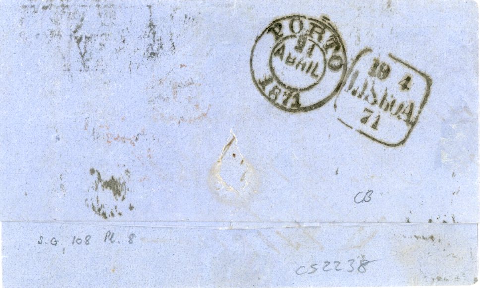 GREAT BRITAIN / PORTUGAL GREAT BRITAIN / PORTUGAL: 1871 (AP 12) entire to Portugal franked 1869 6d mauve plate 8 tied by London E.C. 87 duplex, routed Via Liverpool, oval FRANCA applied on arrival and boxed maritime VIA DA MAR hss, and on reverse Lisboa transit (19 4), Porto arrival (24 4), fine.