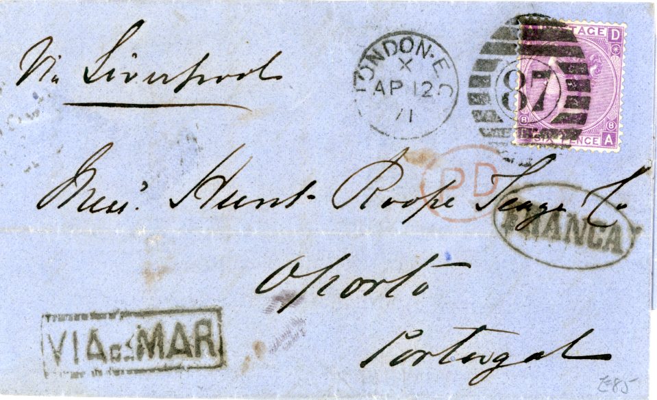 GREAT BRITAIN / PORTUGAL GREAT BRITAIN / PORTUGAL: 1871 (AP 12) entire to Portugal franked 1869 6d mauve plate 8 tied by London E.C. 87 duplex, routed Via Liverpool, oval FRANCA applied on arrival and boxed maritime VIA DA MAR hss, and on reverse Lisboa transit (19 4), Porto arrival (24 4), fine.
