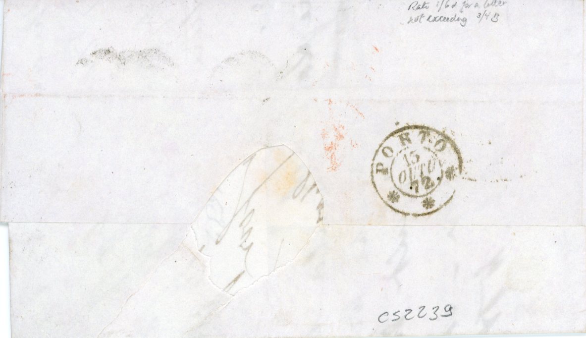 GREAT BRITAIN / PORTUGAL GREAT BRITAIN / PORTUGAL: 1872 (OC 7) Entire to Portugal franked 1872 6d pale chestnut plate 11 (pair + single) tied by London cdss, oval FRANCA hs alongside and Porto arrival (15 10), 1s6d rate for a letter not exceeding 3/4oz, fine.